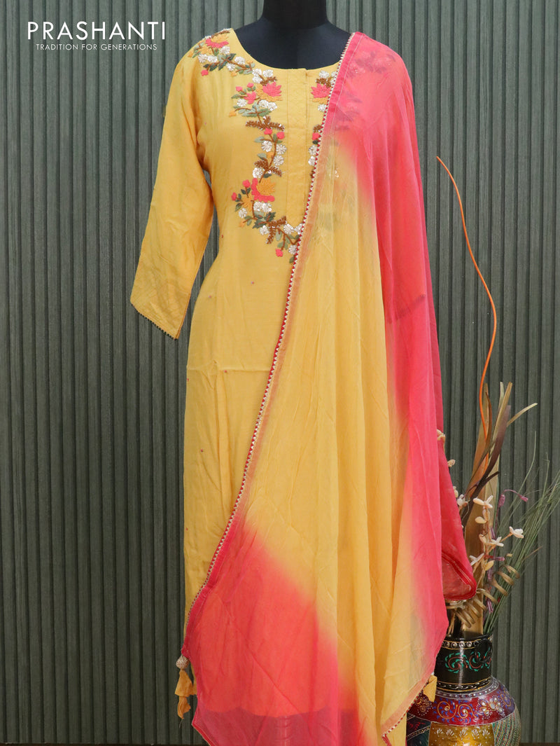Chanderi readymade kurti yellow and red with embroided neck pattern and chiffon dupatta