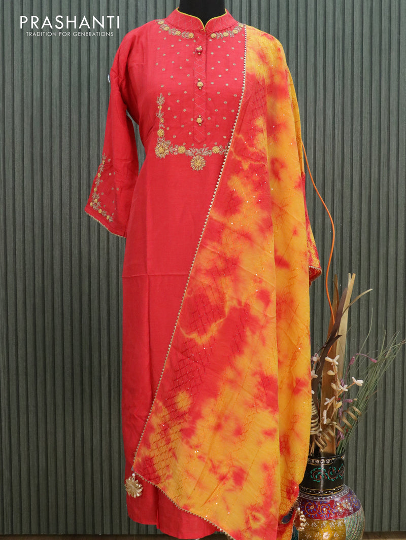 Chanderi readymade kurti red and yellow with french not neck pattern and embroided & chamki work dupatta