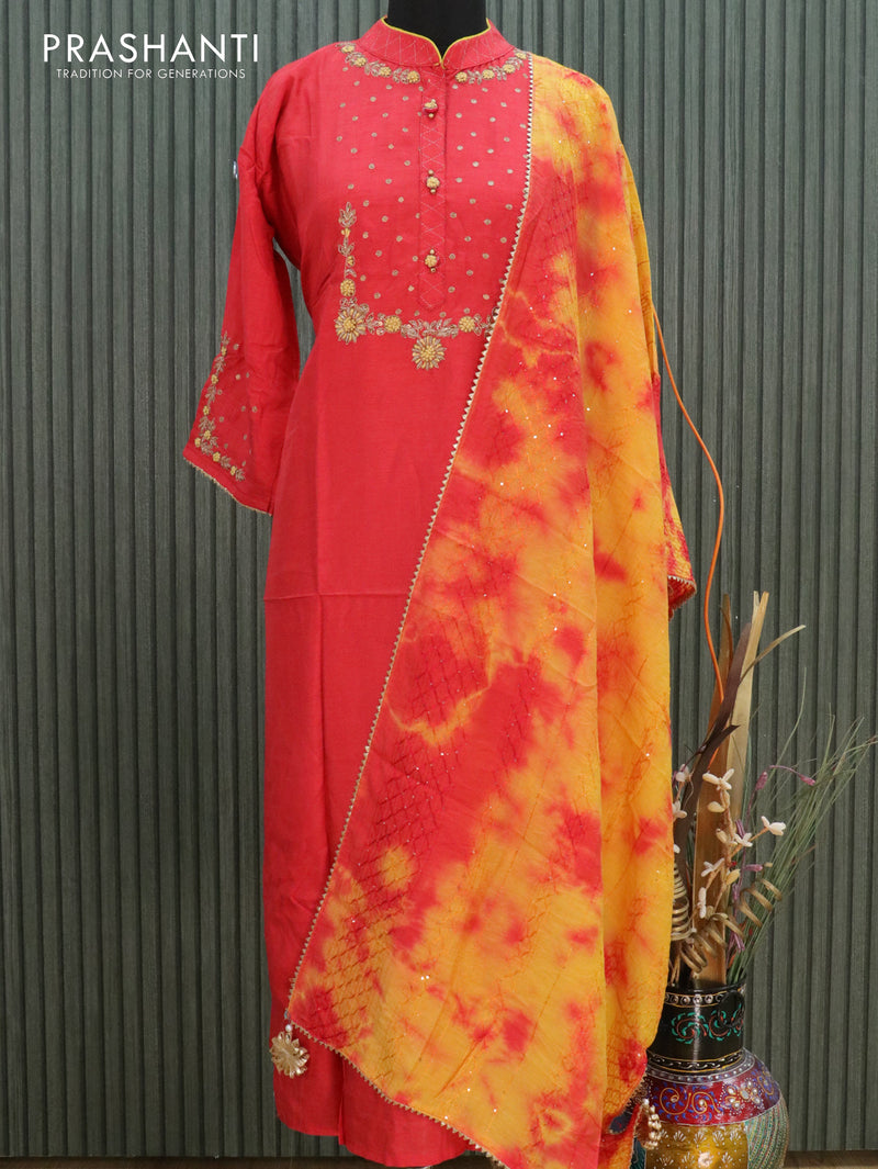 Chanderi readymade kurti red and yellow with french not neck pattern and embroided & chamki work dupatta