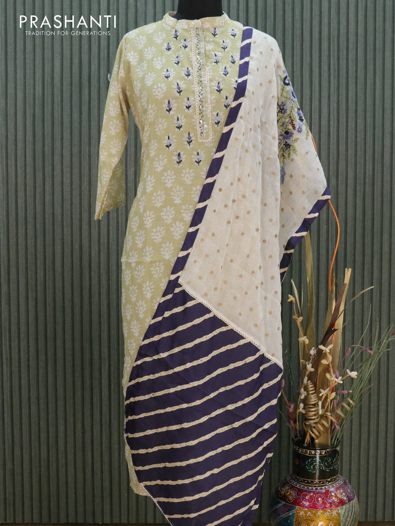 Cotton readymade kurti light green and off white with allover prints & embroided neck pattern and embroided & satin dupatta