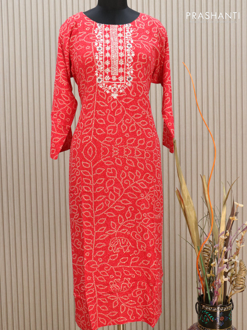 Modal readymade kurti red with allover bandhani prints & embroidery neck pattern without pant
