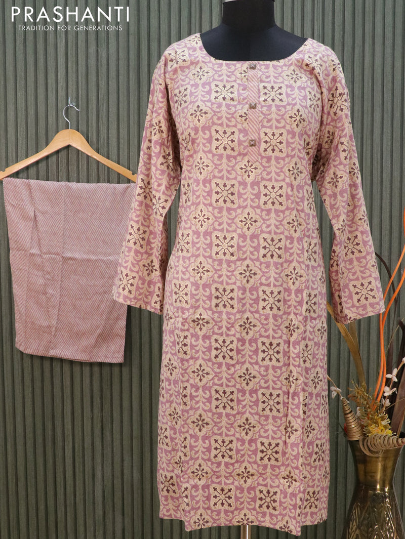 Slub cotton readymade kurti mauve pink and beige with allover prints and straight cut pant