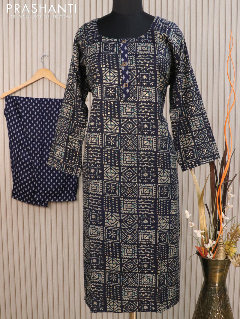 Slub cotton readymade kurti navy blue with allover prints and straight cut pant