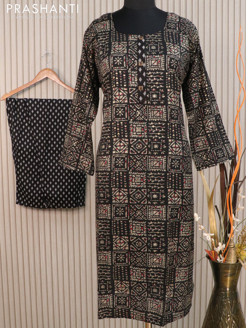 Slub cotton readymade kurti black with allover prints and straight cut pant
