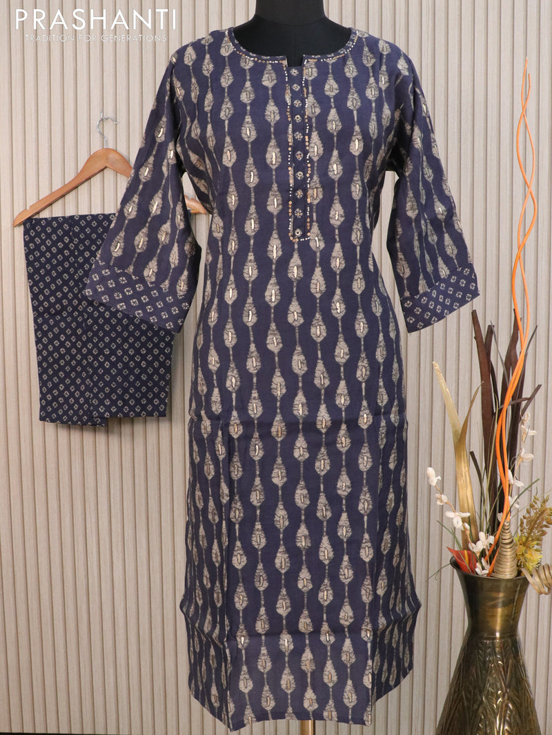 Muslin readymade kurti blue shade with allover prints & beaded neck pattern and straight cut pant