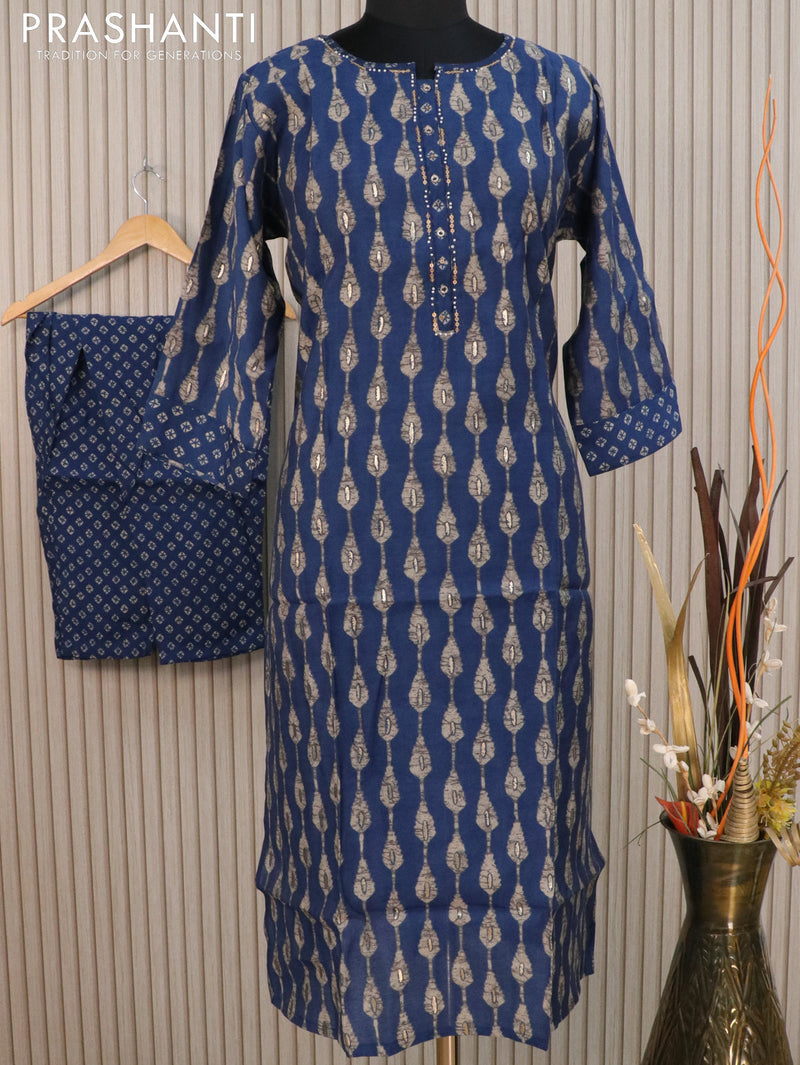 Muslin readymade kurti indigo blue with allover prints & beaded neck pattern and straight cut pant