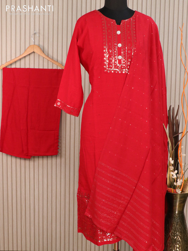 Modal readymade kurti red with embroided sequence work and straight cut pant & dupatta