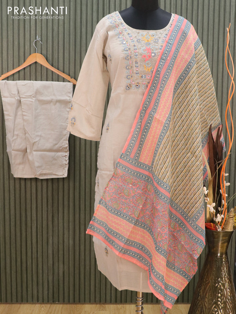 Chanderi readymade kurti grey with embroided & mirror neck pattern and straight cut pant & sequence dupatta
