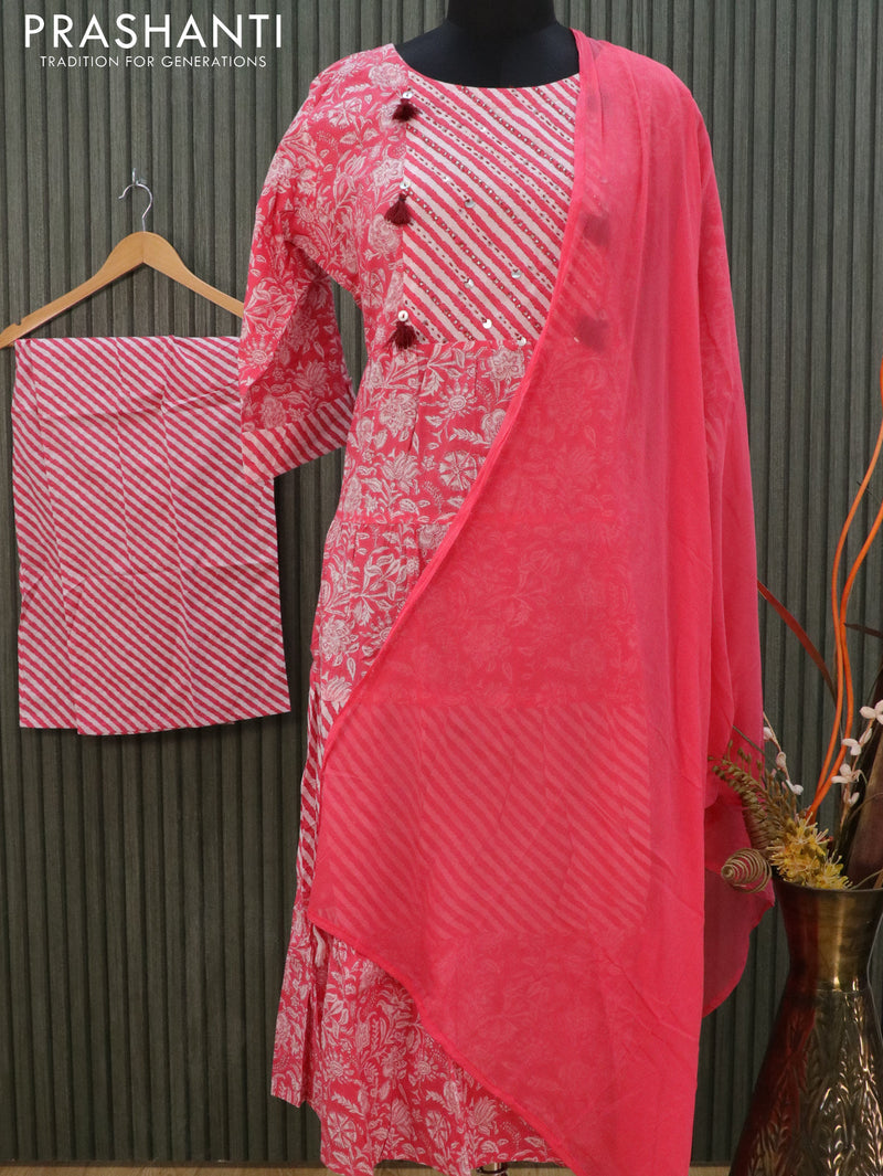 Cotton readymade umberlla kurti pink shade with allover prints & sequins neck pattern and straight cut pant & chiffon dupatta