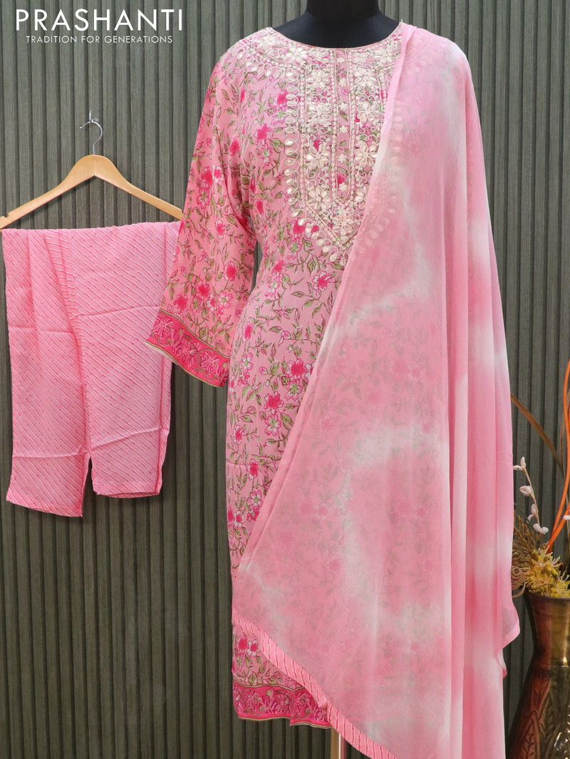 Rayon readymade kurti light pink with allover floral prints & embroidery neck pattern and straight cut pant & chiffon dupatta