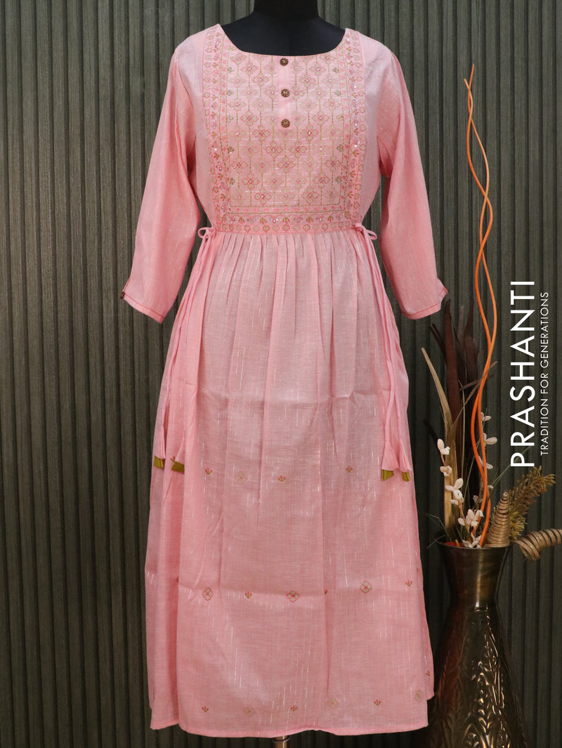 Cotton readymade umbrella kurti light pink with allover embroided neck pattern without pant