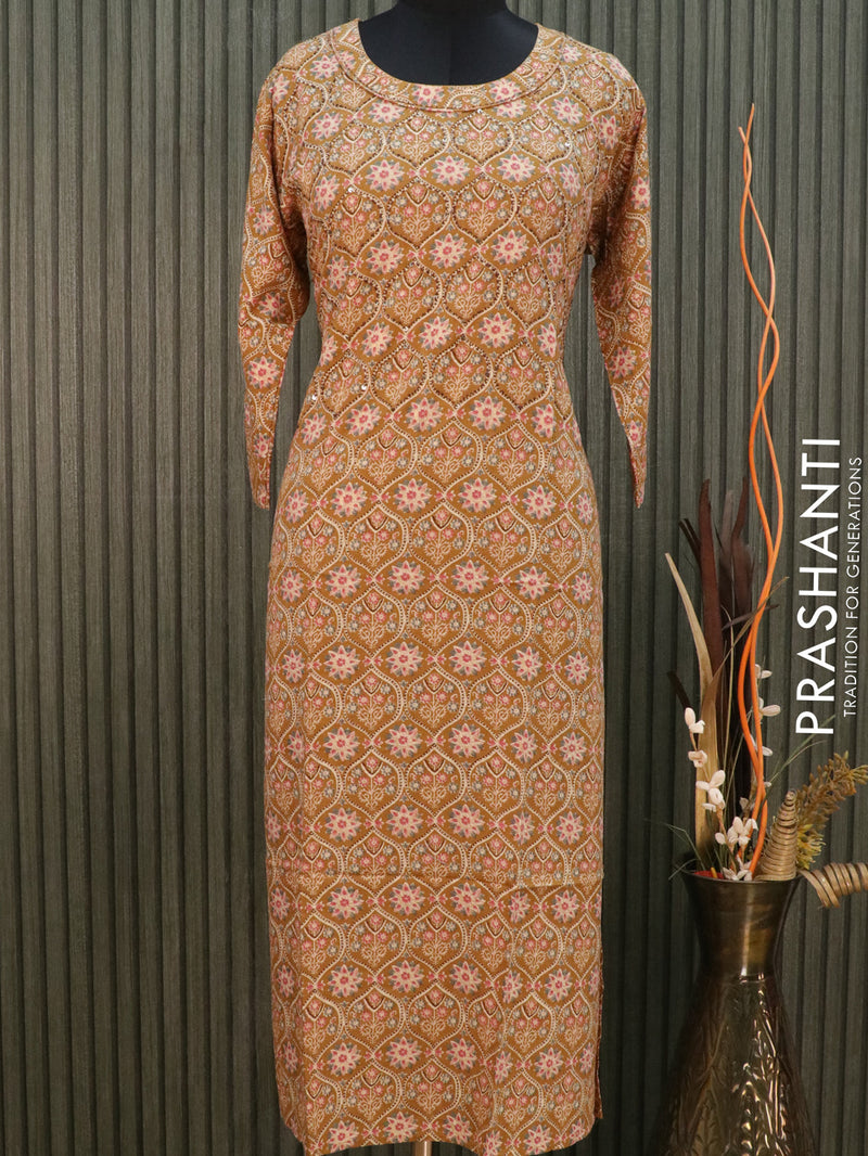 Rayon readymade kurti dark mustard with allover prints without pant