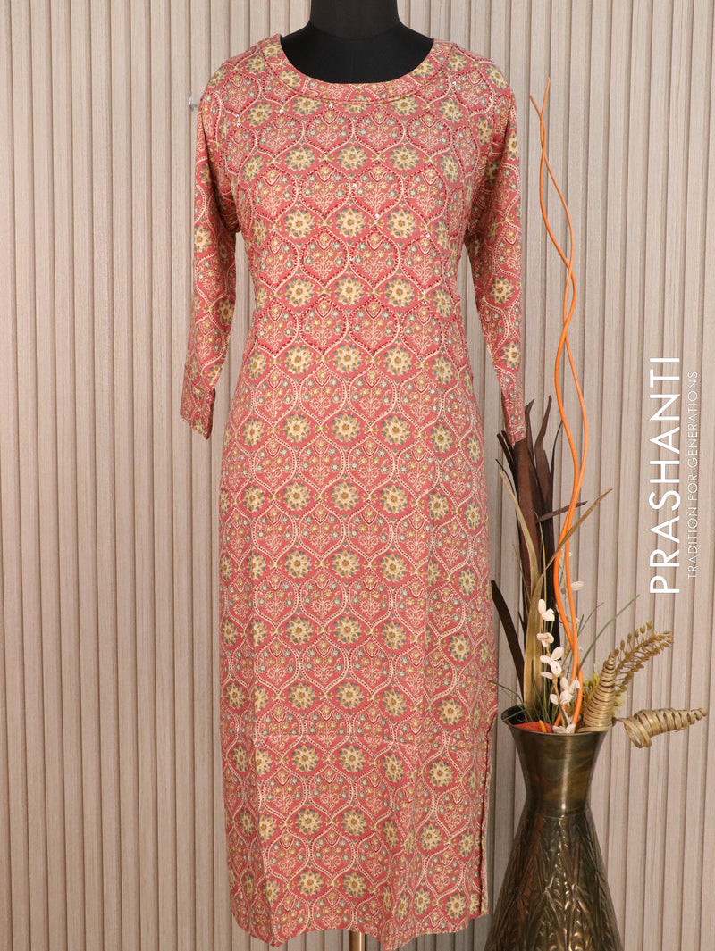 Rayon readymade kurti pastel peach with allover prints without pant