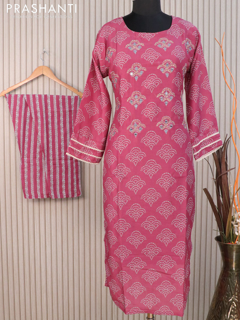 Muslin readymade kurti pink shade with allover butta prints & mirror work neck pattern and straight cut pant