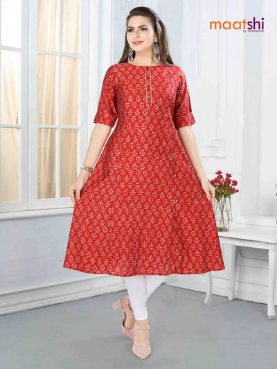 Muslin readymade A-line kurti red with allover prints without pant