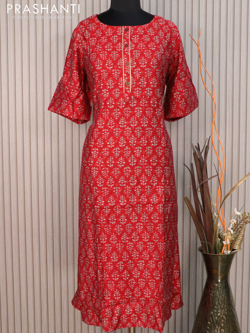 Muslin readymade A-line kurti red with allover prints without pant