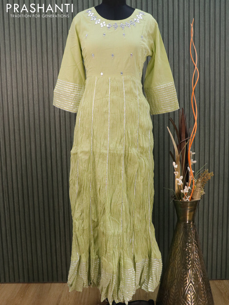Cotton readymade anarkali kurti pista green with mirror work neck pattern & leheraiya pattern without pant