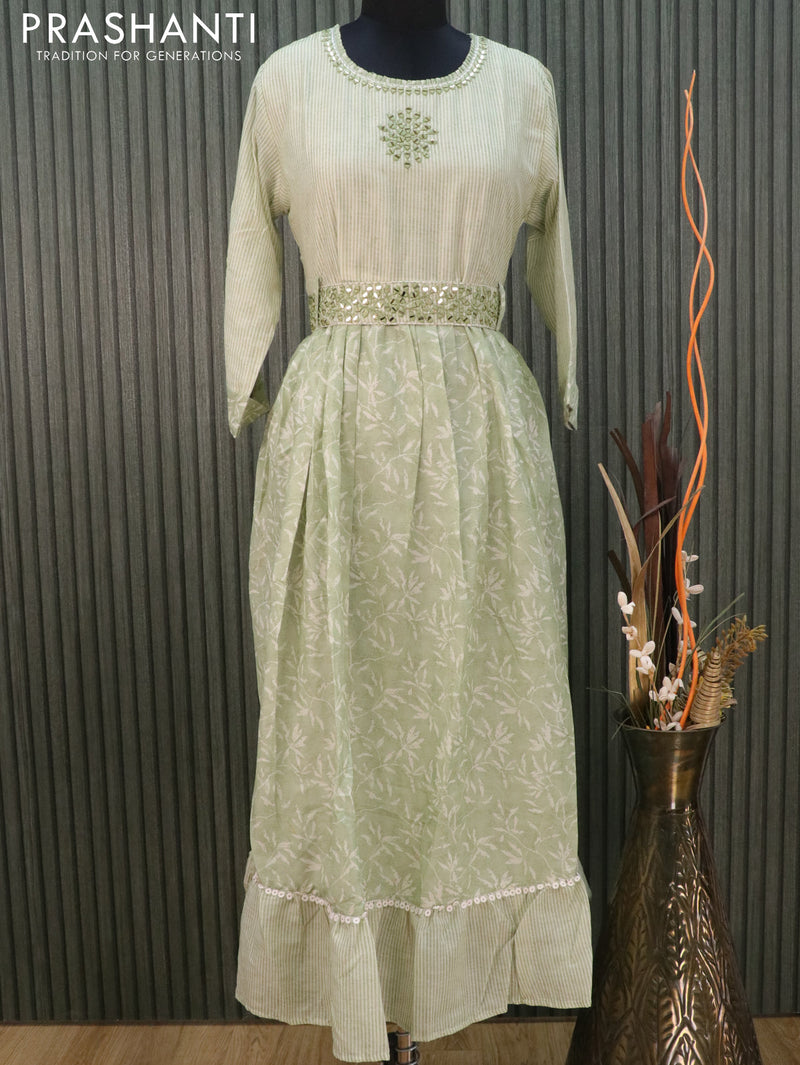 Soft cotton readymade frock kurti pastel green with mirror work neck pattern & attached belt without pant