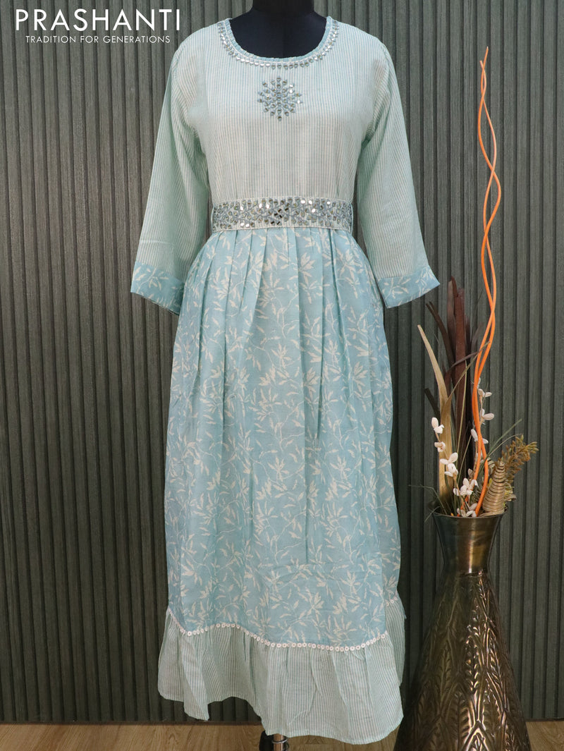 Soft cotton readymade frock kurti pastel blue with mirror work neck pattern & attached belt without pant
