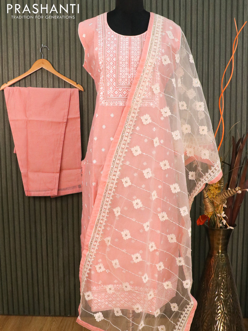 Chanderi readymade kurti peach with allover embroided & sequence work and straight cut pant & netted dupatta