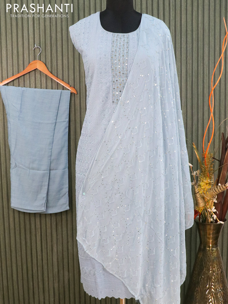 Modal readymade kurti pastel blue shade with allover embroided & mirror work neck pattern and straight cut pant & sequins work dupatta
