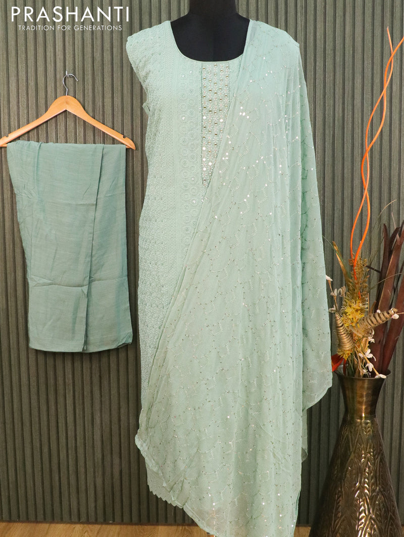 Modal readymade kurti pastel green with allover embroided & mirror work neck pattern and straight cut pant & sequins work dupatta