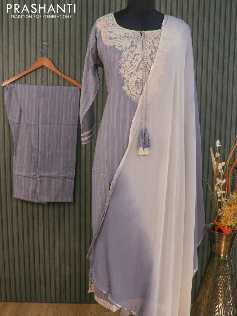 Rayon readymade kurti grey with embroidery neck pattern and straight cut pant & chiffon dupatta