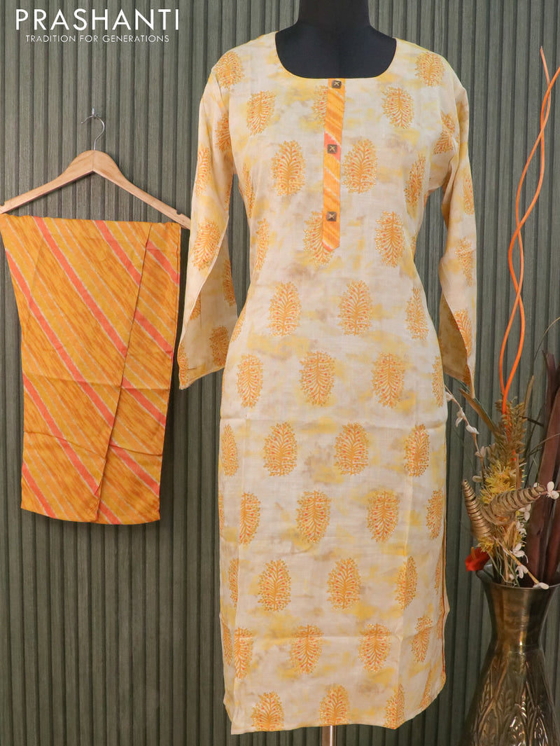 Slub cotton readymade kurti beige and yellow with butta prints and stright cut pant