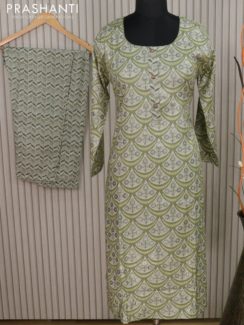 Slub cotton readymade kurti green shade with allover prints and stright cut pant