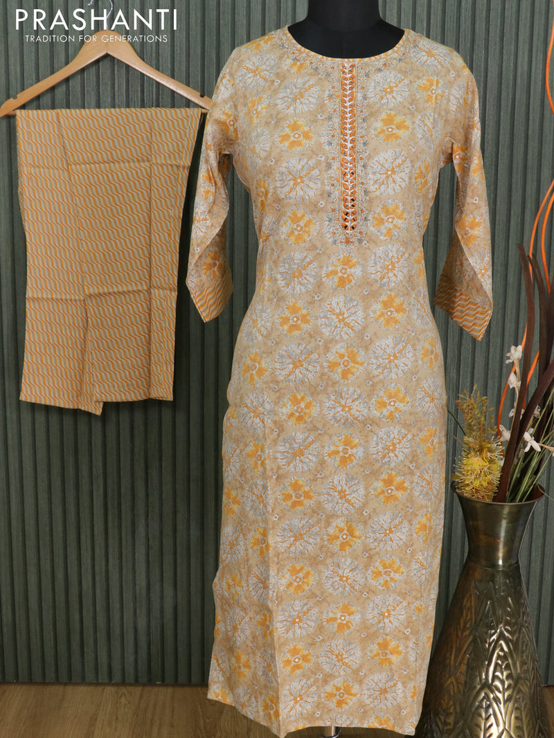 Slub cotton readymade kurti beige and mustard yellow with embroided & mirror work neck pattern and stright cut pant