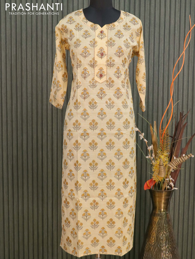 Cotton readymade kurti yellow with allover prints & gottapatti lace work neck pattern without pant