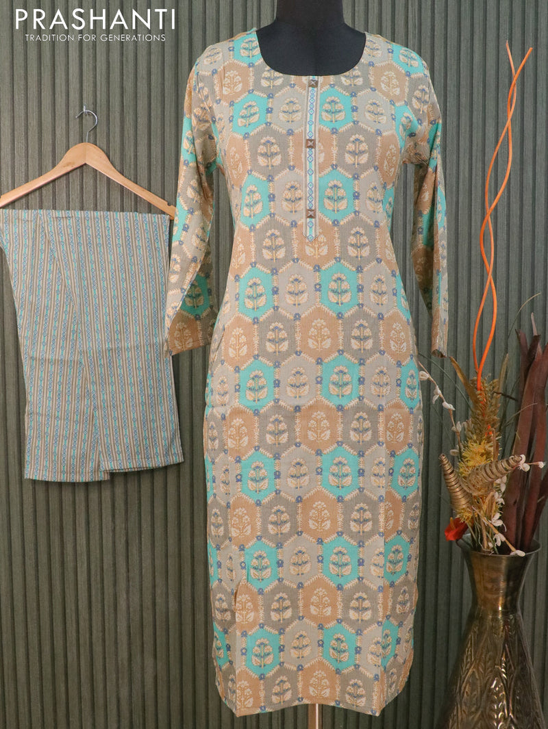 Slub cotton readymade kurti grey and teal green with allover floral butta prints and stright cut pant