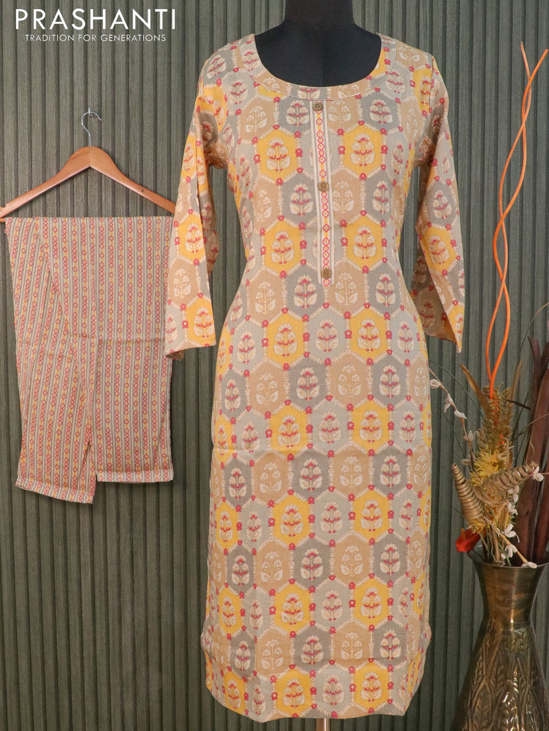 Slub cotton readymade kurti grey shade and beige with allover floral butta prints and stright cut pant