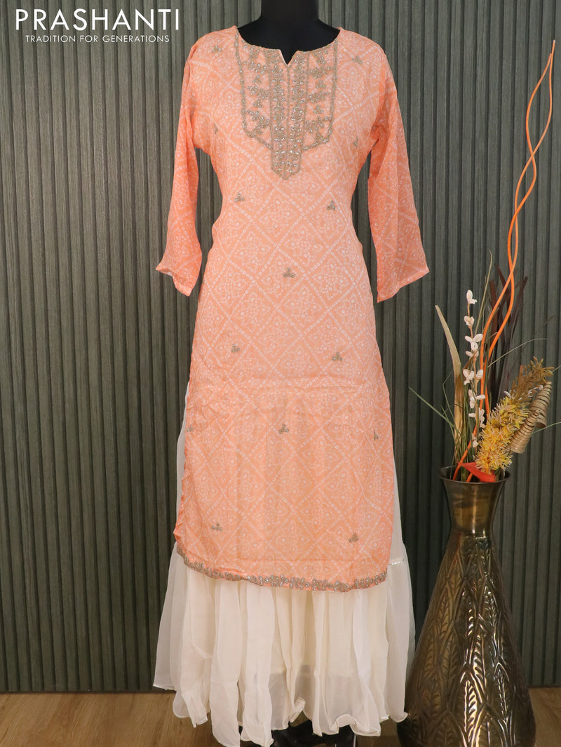 Semi chiffon readymade floor length kurti pale orange and off white with allover bandhani prints & embroidery neck pattern without pant