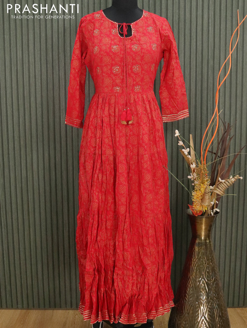 Cotton readymade floor length kurti red with allover prints without pant