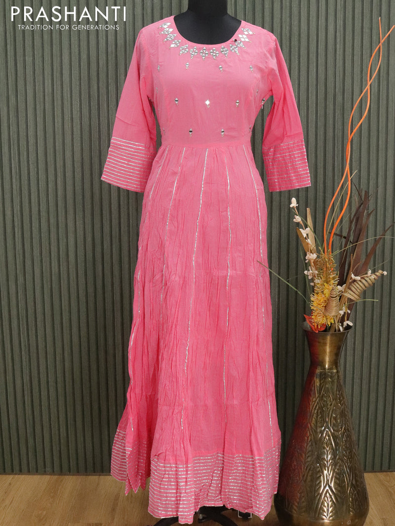 Cotton readymade floor length kurti light pink with mirror work & leheriya pattern without pant