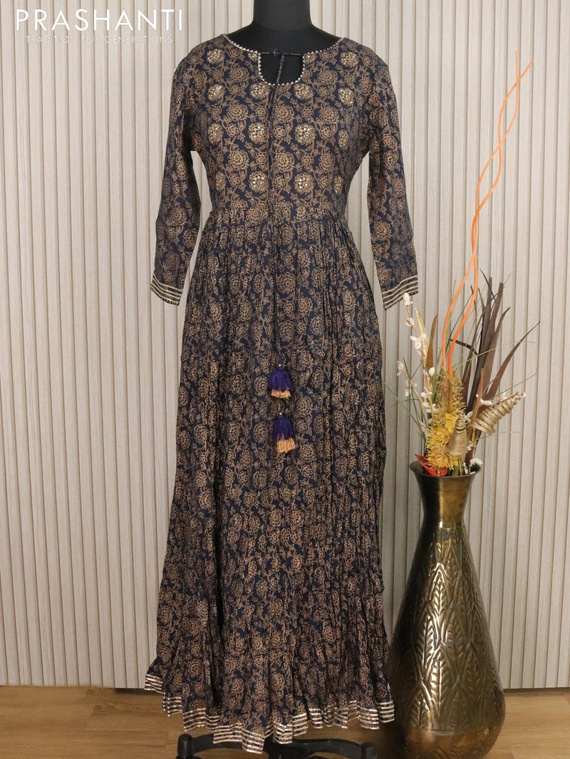 Cotton readymade floor length kurti navy blue with allover prints without pant