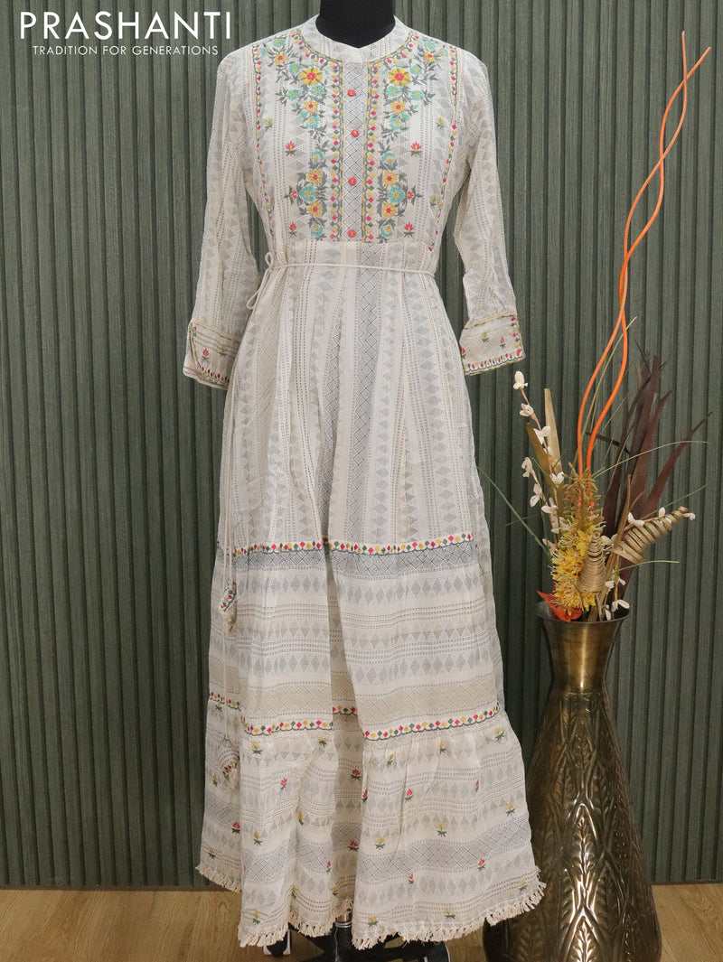 Cotton readymade floor length kurti off white with allover prints & floral design embroidery neck pattern without pant