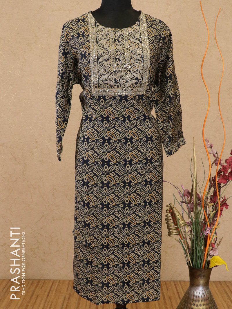 Modal readymade kurti blue with allover prints and embroided neck pattern without pant