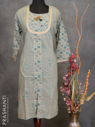 Cotton readymade kurti pastel grey shade and with allover floral prints & kotapatti lace neck pattern and palazzo pant