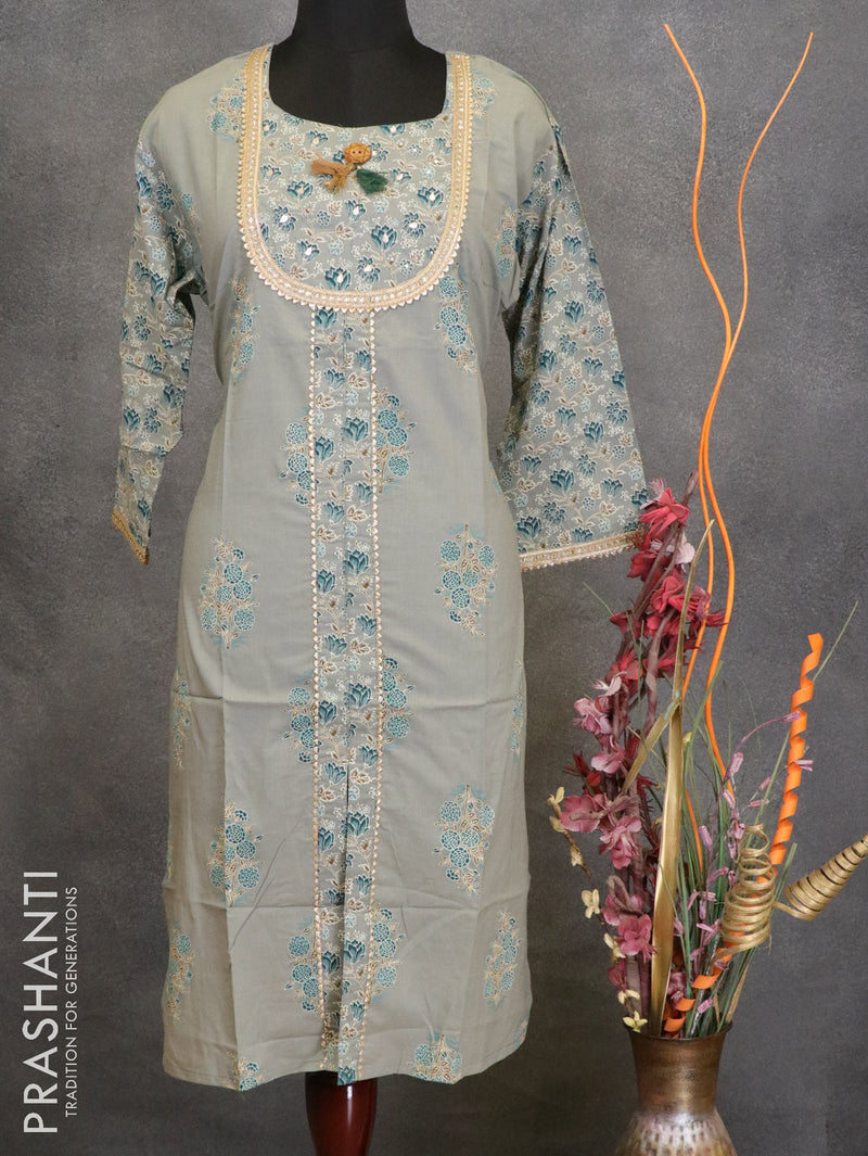 Cotton readymade kurti pastel grey shade and with allover floral prints & kotapatti lace neck pattern and palazzo pant