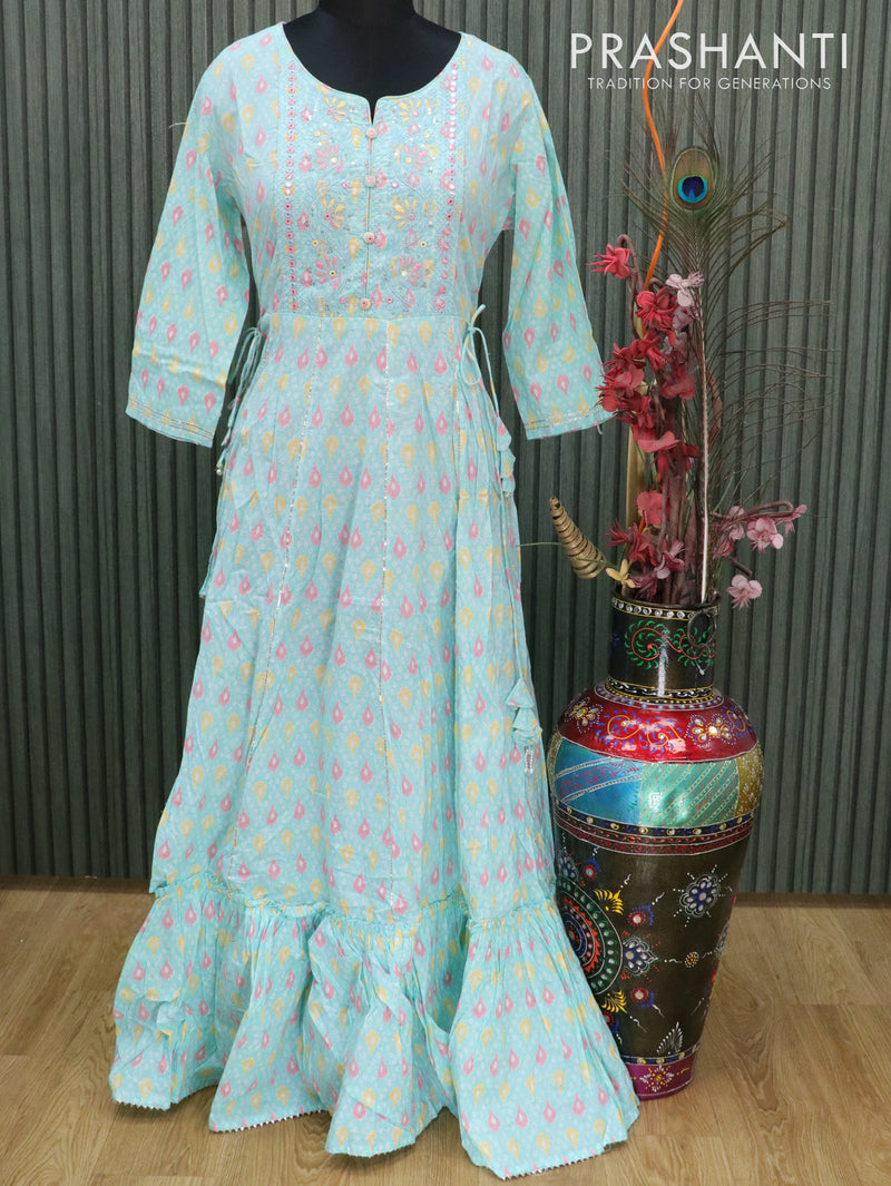 Cotton readymade anarkali kurti teal green shade with allover ikat prints mirror & embroided neck design without pant
