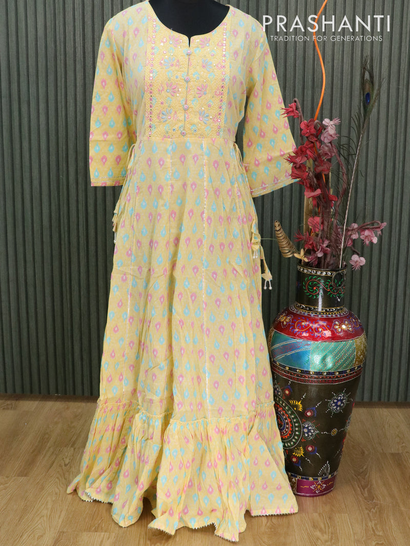 Cotton readymade anarkali kurti pale yellow with allover ikat prints mirror & embroided neck design without pant