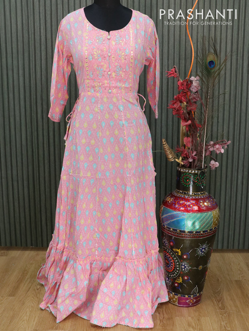 Cotton readymade anarkali kurti light pink with allover ikat prints mirror & embroided neck design without pant