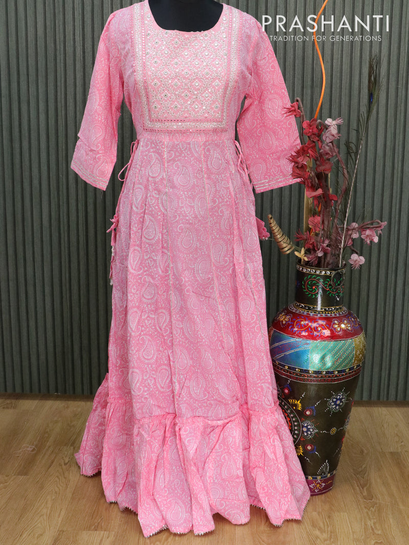 Cotton readymade anarkali kurti light pink with allover paisley prints mirror & embroided work neck design without pant