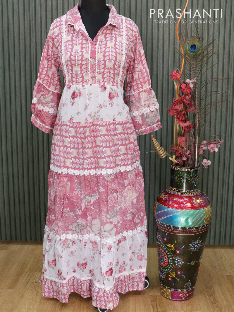 Cotton readymade anarkali kurti mauve pink with allover prints & crosia lace work neck design without pant