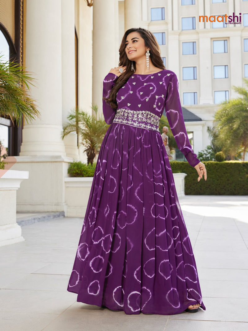 Chanderi readymade floor length cancan dress purple with allover batik prints & hip belt beaded mirror work neck pattern without pant