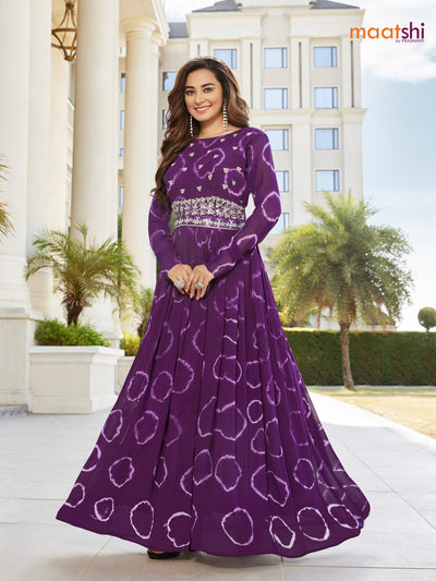 Chanderi readymade floor length cancan dress purple with allover batik prints & hip belt beaded mirror work neck pattern without pant