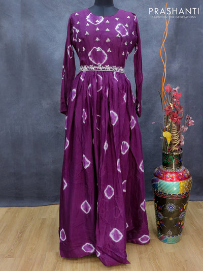 Chanderi readymade floor length cancan dress purple with allover batik prints & hip belt beaded mirror work neck pattern without pant