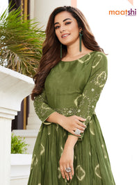 Chanderi readymade floor length cancan dress green with allover batik prints & hip belt without pant